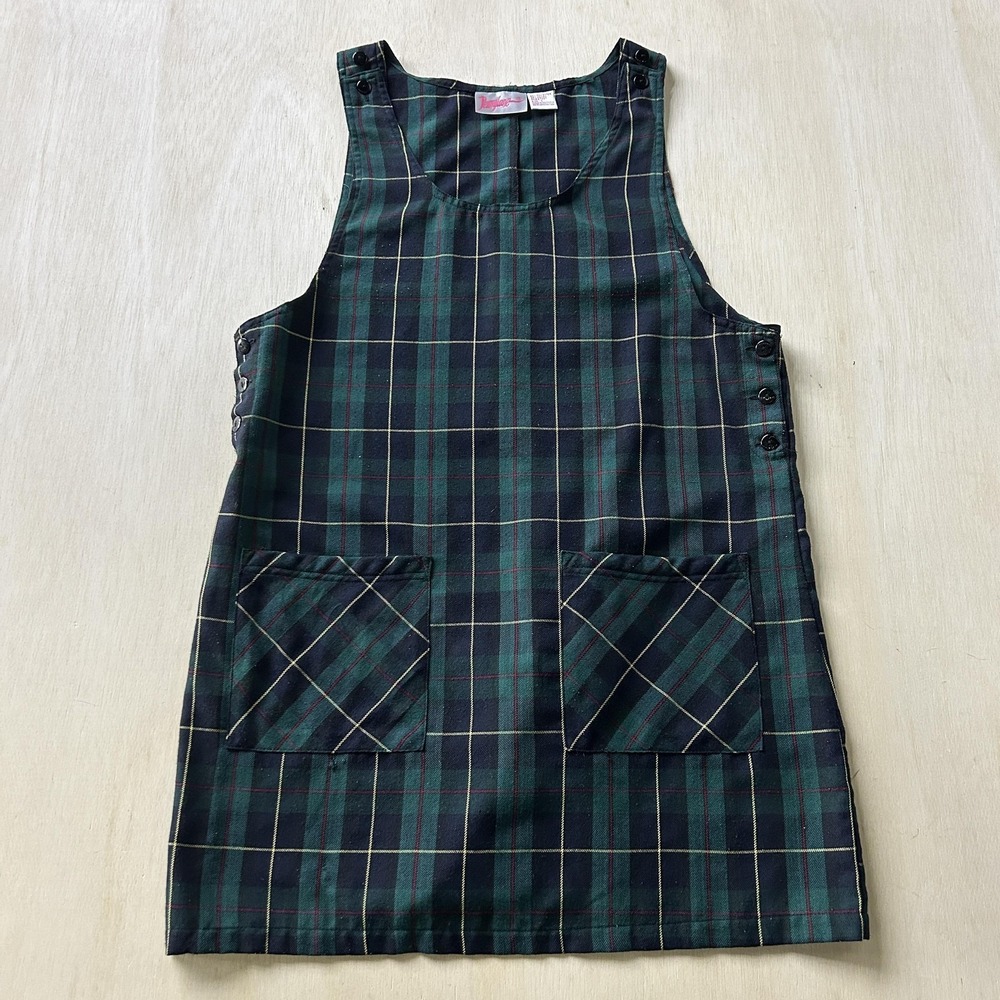 Vintage Pennylane Overall Dress Womens Large Green Plaid Scoop Neck Pockets